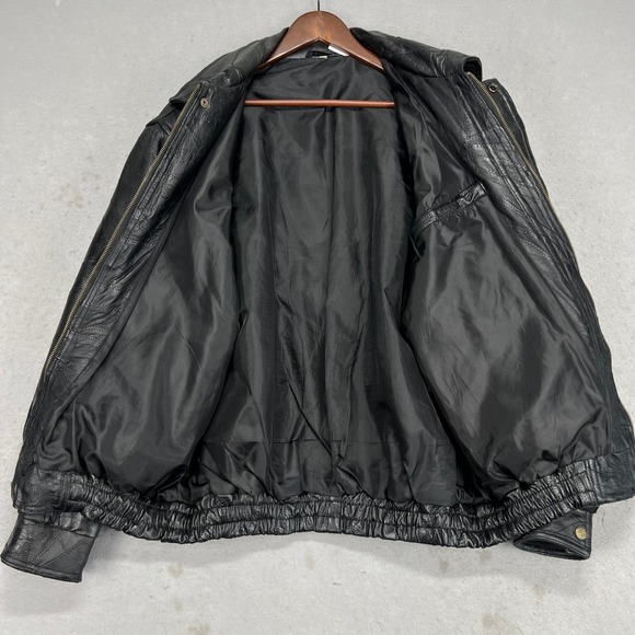 Vintage Mens Black Patchwork Leather Bomber Jacket God Bless America Eagle Large - Picture 7 of 12